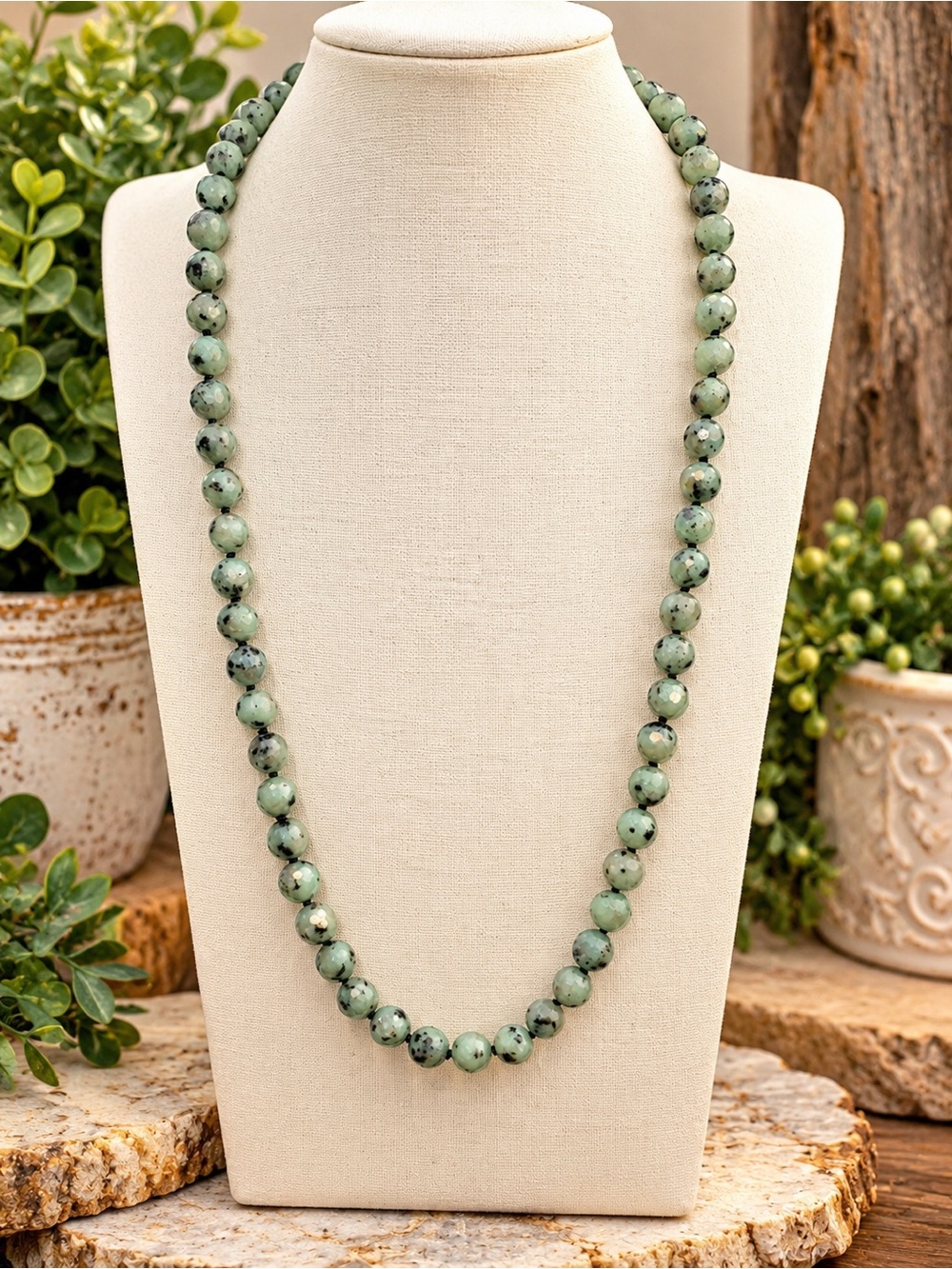 Kiwi Jasper faceted 10mm Hand knotted 28 inch necklace Aprilsplace